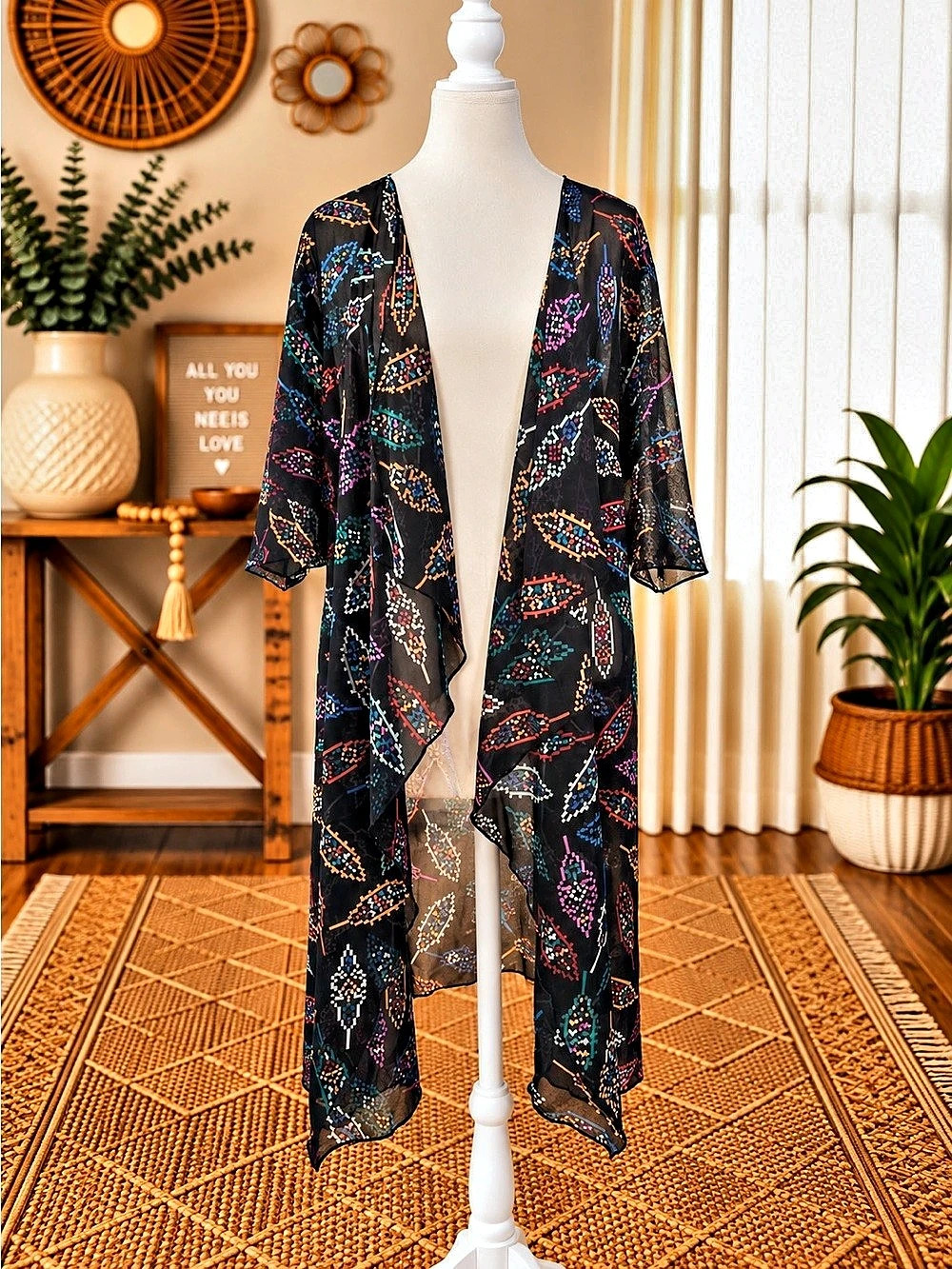 Printed Open Front Kimono in Black & Multicolor Like New